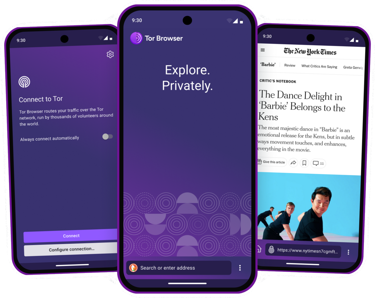 Three smartphones showcasing screens from the app